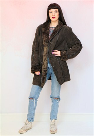 1990S VINTAGE RICH BROWN FAUX SHEEPSKIN COAT