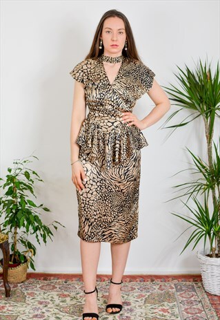 LEOPARD DRESS VINTAGE 80'S PARTY DISCO RETRO MINI METALLIC M