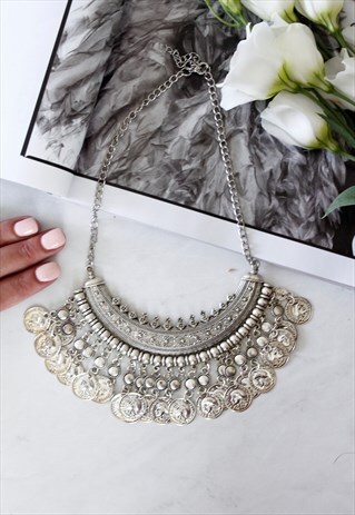 SILVER CHAIN COIN BOHO VINTAGE CHUNKY STATEMENT NECKLACE