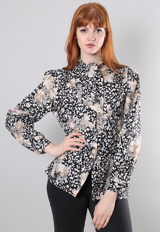 VINTAGE 80S FLORAL PATTERNED TIE NECK BLOUSE
