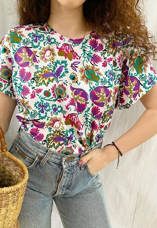 VINTAGE 60S FLORAL MOD BOHEME BLOUSE TOP PARISIAN CHIC