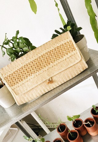 70'S RETRO RAFFIA STRAW PARIS CHIC ENVELOPE CLUTCH PURSE