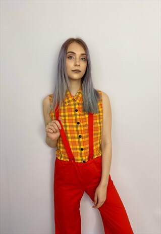 VINTAGE 90S WOMEN CHECKED YELLOW ORANGE BLACK BUTTON TOP