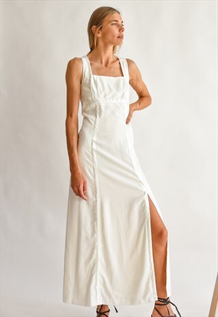 VINTAGE 80S WEDDING SQUARE NECK DRESS WITH SIDE SPLIT