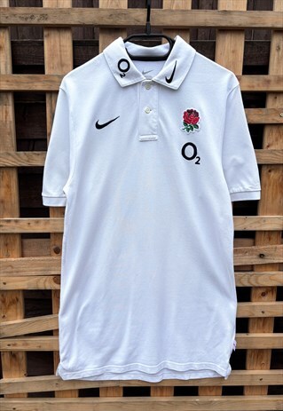 Nike England rugby white embroidered polo shirt medium 