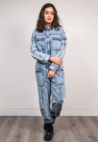 VINTAGE 80'S ACID WASH BLUE DENIM BOILERSUIT JUMPSUIT