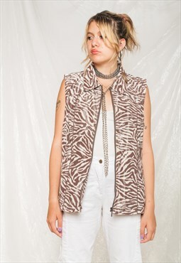 Vintage Vest Y2K Oversized Rave Waistcoat in Brown Zebra