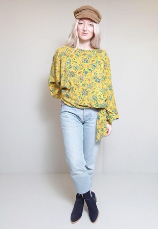 VINTAGE 1970'S YELLOW & BLUE FLORAL OVER-SIZED SILK BLOUSE.