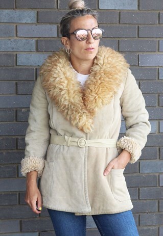 VINTAGE 1970S SHEEPSKIN FULL COLLAR BELTED COAT