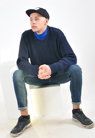 VINTAGE CREW NECK KNITWEAR JUMPER IN BLUE