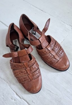 Vintage 80's Brown Leather T-Bar Sandals 