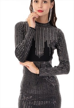 Long Sleeves Diamond Sequin short Dress in Black