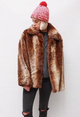 VINTAGE 90' AMAZING BROWN FAUX FUR JACKET