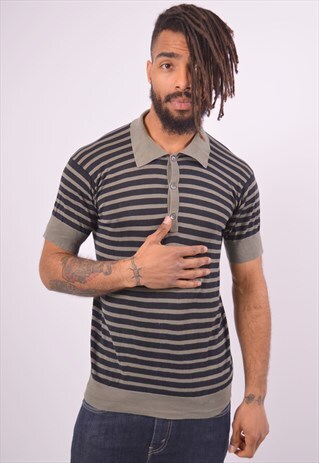 VINTAGE ARAMANI POLO SHIRT STRIPES NAVY BLUE