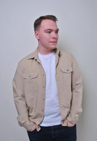 VINTAGE MENS MILITARY SHIRT, RETRO BEIGE UTILITY BUTTON UP