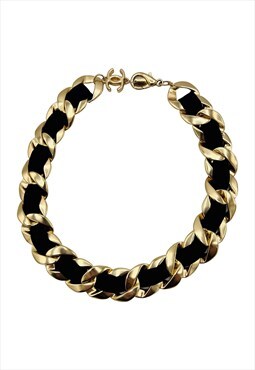 Chanel Necklace Gold Chain Black Ribbon CC Logo Vintage