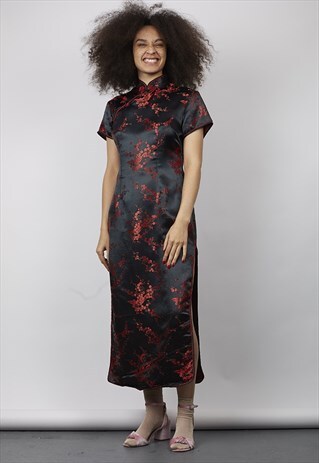 VINTAGE 90'S BLACK/ RED SATIN CHINESE-INSPIRED MAXI DRESS