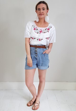 VINTAGE 70'S WHITE AND PINK FLORAL EMBROIDERED BOHO TOP