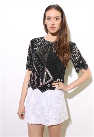 VINTAGE 1980'S 80'S BEADED BLACK DECO INSPIRED SILK TOP S-M