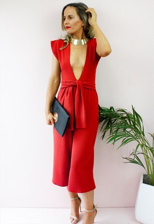 RED PLUNGE SLEEVELESS WIDE CULOTTES PALAZZO JUMPSUIT