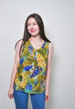 Floral print vocation shirt, holiday sleeveless blouse, 90s 