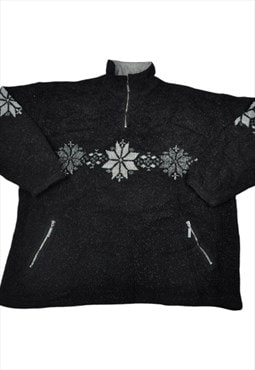 Vintage Fleece 1/4 Zip Retro Pattern Black XL