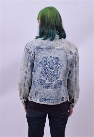 VINTAGE 90'S STONE WASH EMBOSSED DENIM JACKET SIZE MEDIUM