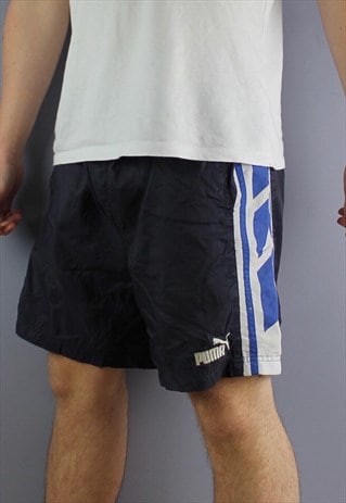 VINTAGE PUMA SHORTS IN NAVY WITH POCKETS, EMBROIDERED LOGO A