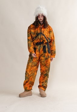 Vintage Art Design Acid Wash Orange Snow Suit, Unisex Ski Su