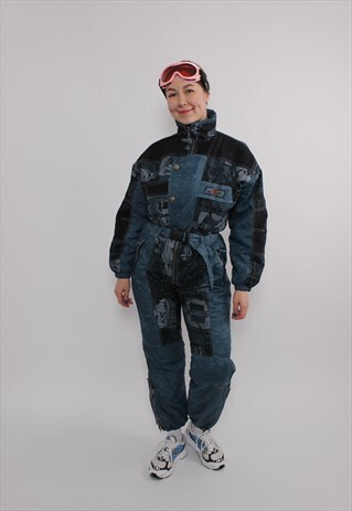 90s one piece ski suit, vintage blue ski jumpsuit, women 