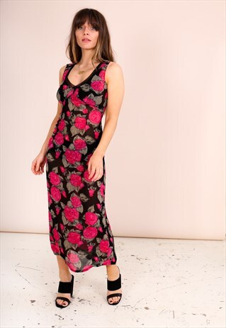 VINTAGE 90S BLACK ROSE PRINT CHIFFON MIDI DRESS
