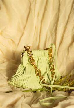 Baby Green Pleated Mini Clutch Bag With Square Chain Strap