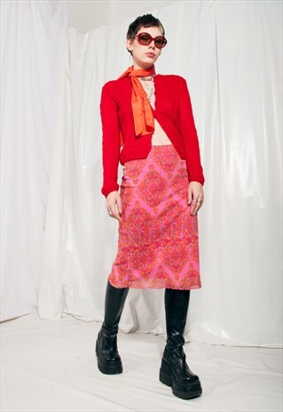 VINTAGE CARDIGAN 60S CABLE KNIT HANDMADE JUMPER IN RED WOOL