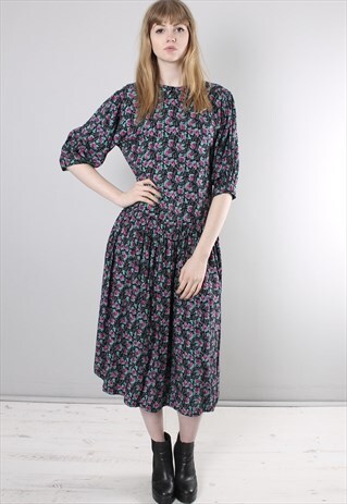 VINTAGE 80S FLORAL PATTERNED PETER PAN COLLAR MIDI DRESS