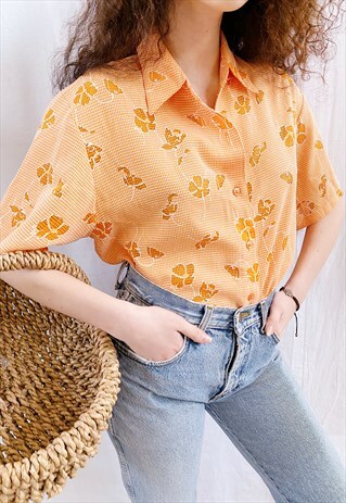 VINTAGE 90S PEACHY GINGHAM CHECK FLORAL BLOUSE TOP PASTEL