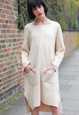 WOOL BLEND KNIT RIBBED DESIGN OVER-SIZED DRESS