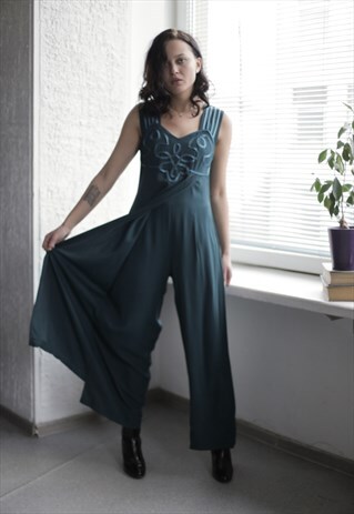 VINTAGE 80'S EMERALD GREEN WIDE LEG JUMPSUIT
