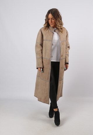 SHEEPSKIN SUEDE SHEARLING LONG COAT JACKET UK 12 (A8BE)