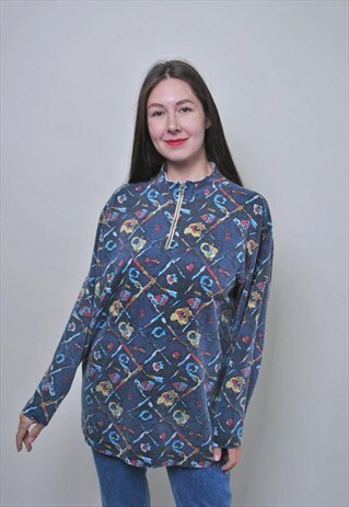 VINTAGE WATERCOLOR ZIPPED UP SWEATSHIRT, RETRO PATTERN SHIRT