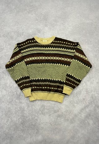 VINTAGE KNITTED JUMPER ABSTRACT PATTERNED GRANDAD SWEATER