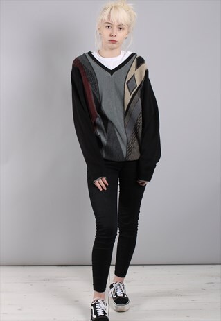 VINTAGE V NECK ABSTRACT CRAZY PATTERN JUMPER