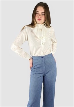80's White Ladies Ruffle Long Sleeve Vintage Stripe Blouse