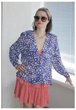 VINTAGE 80'S BLUE PATTERNED LONG SLEEVES BUTTON UP BLOUSE