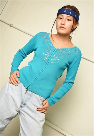 Y2K RETRO BEADED SHIMMER CARDIGAN TOP IN BLUE
