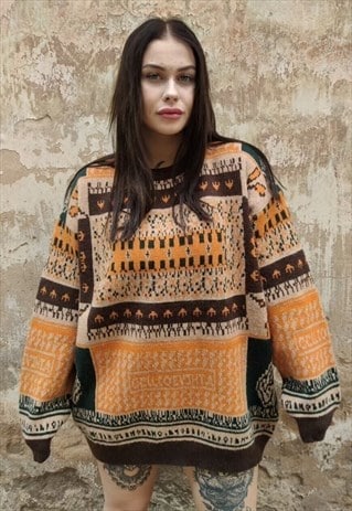 Retro sweater Aztec print top vintage pattern jumper brown