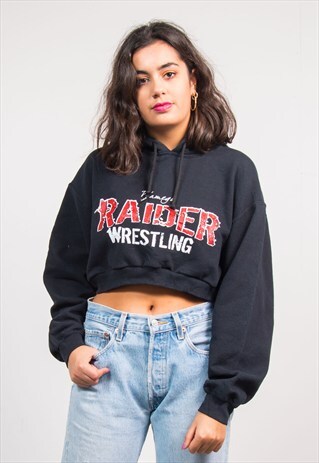 VINTAGE 90'S BLACK REWORK CROPPED USA SWEATSHIRT HOODIE