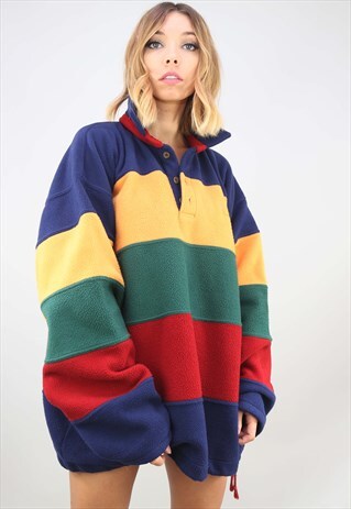 VINTAGE 90S OVERSIZED 1/4 BUTTON STRIPE FLEECE