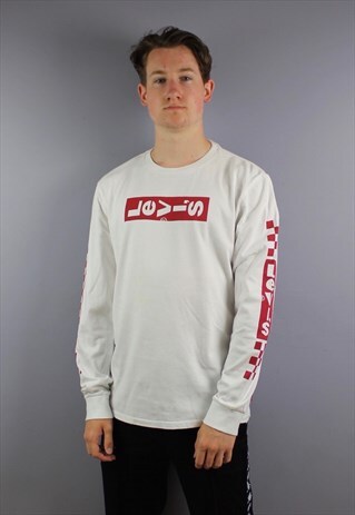 VINTAGE LEVIS LONGSLEEVE T SHIRT IN WHITE WITH PRINTED LOGO