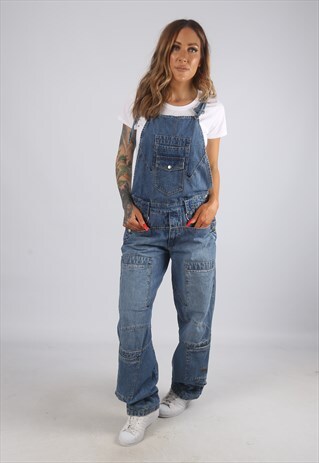 VINTAGE DENIM DUNGAREES WIDE STRAIGHT LEG UK 10 SMALL (H2U)