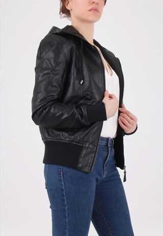 BLACK FAUX LEATHER HOODED BIKER JACKET